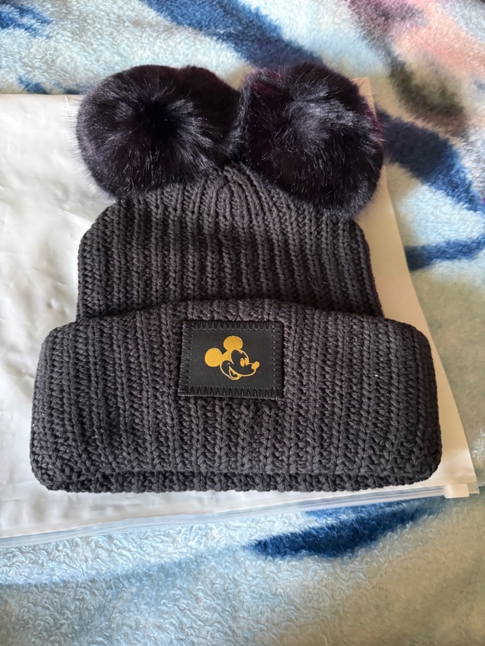 Black Pom Pom Beanie Hat with Gold Mouse Patch